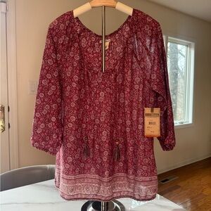 NWT - 100% COTTON Size US Large Top Floral Burgundy Boho Blouse by Ruff Hewn